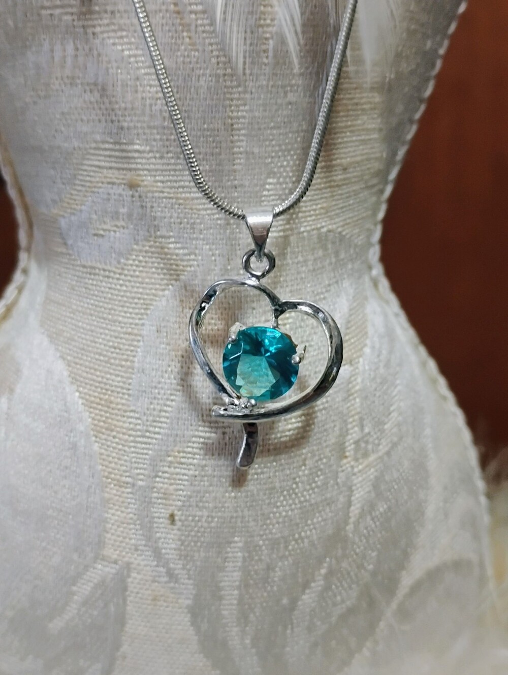 Silver Heart Pendant Necklace with Teal Blue Crystal